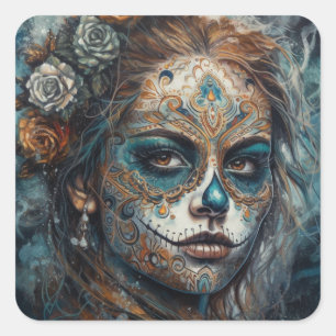 Adesivo Quadrado La Catrina Azul Dia de los Muertos Crânio de Açúca