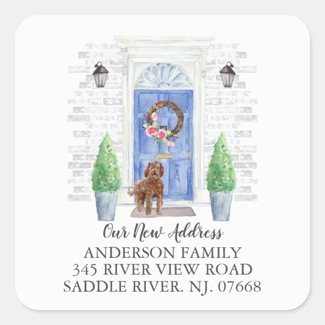 Adesivo Quadrado Labradoodle Blue Door New Address Label Sticker (Frente)