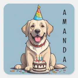 Adesivo Quadrado Labrador Amarelo bonito com Bolo de Aniversário