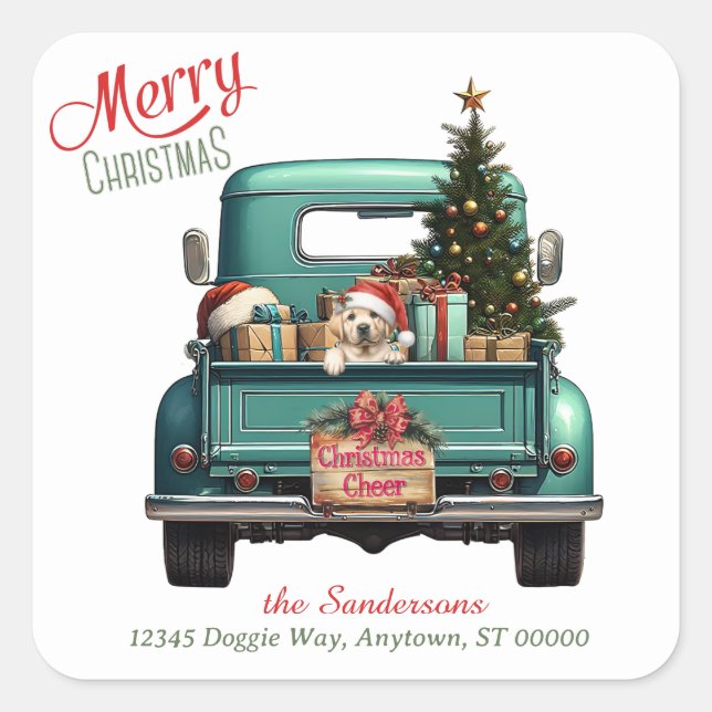 Adesivo Quadrado Labrador Amarelo Retriever Puppy Retro Truck (Frente)