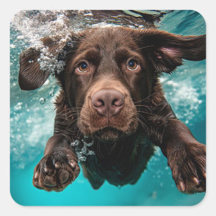 Adesivo Quadrado Labrador Chocolate Brincalhão Nadando Submerso
