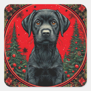Adesivo Quadrado Labrador preto de Natal com árvores festivas