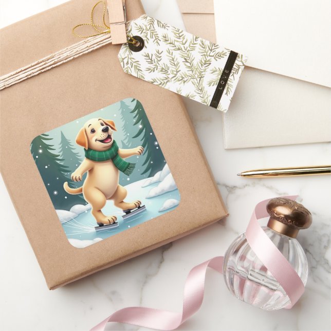 Adesivo Quadrado Labrador Retriever Ice Skating Christmas Painting (Presentear)