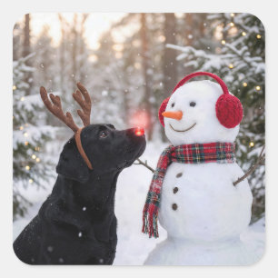 Adesivo Quadrado Labrador Retriever preto de Natal com boneco de ne