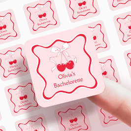 Adesivo Quadrado Laço Ondulado Vermelho e Rosa Cereja no Topo Favor