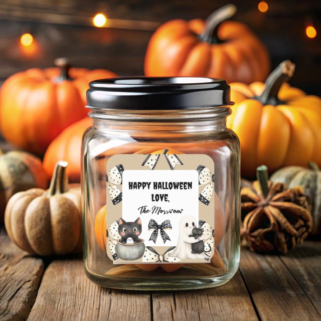 Adesivo Quadrado Laços de Coquette de Halloween (Cute Cats and Ghosts Square Label)