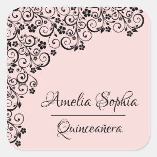 Adesivo Quadrado Lacy Elegant Quinceañera Blush Pink and Black
