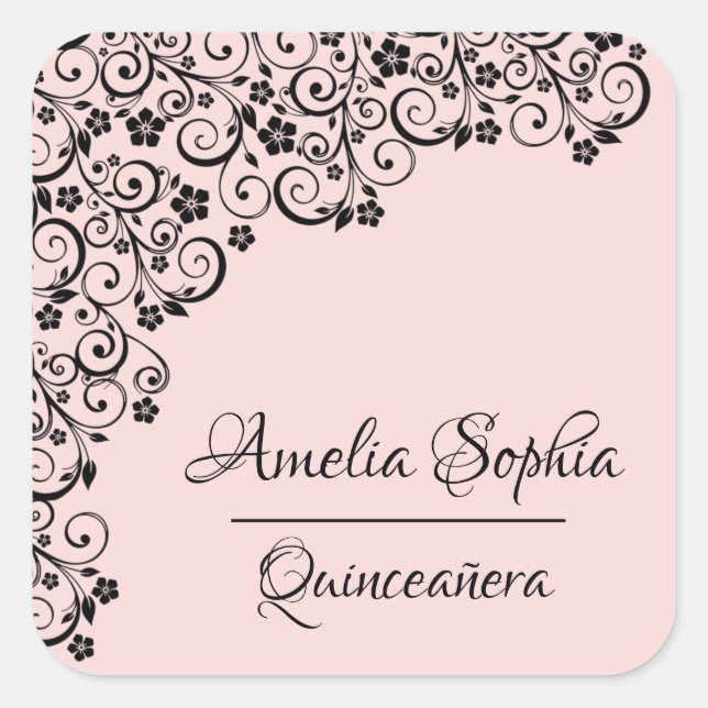 Adesivo Quadrado Lacy Elegant Quinceañera Blush Pink and Black (Frente)