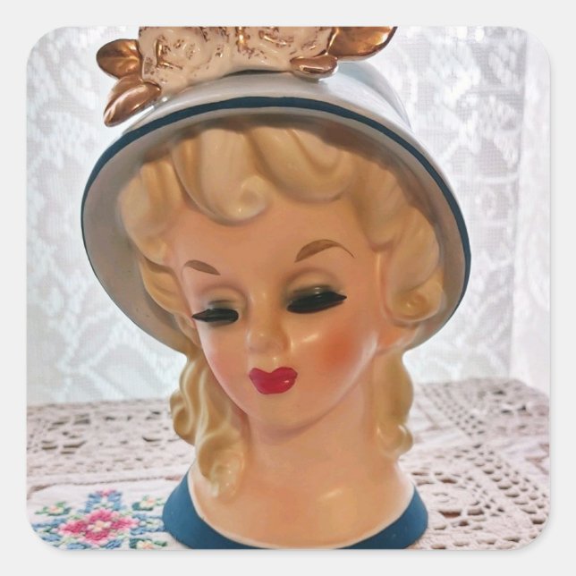 Adesivo Quadrado Lady Head Vase Blonde Teen Blue Hat Flower (Frente)