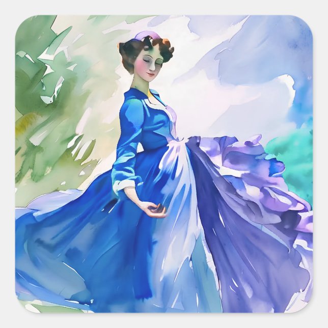 Adesivo Quadrado Lady in Blue Vress - Pintura por Aquarela (Frente)