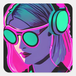 Adesivo Quadrado Lady in Fones de ouvido Jamming to Music
