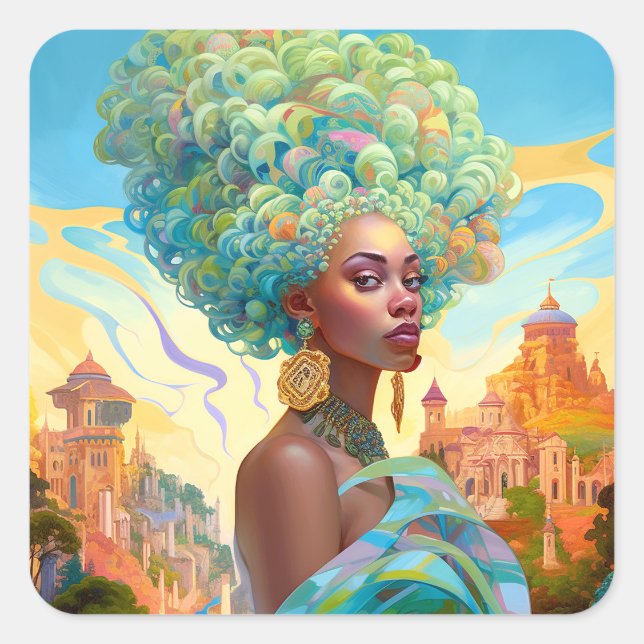 Adesivo Quadrado Lady In Surreal World African American Art (Frente)