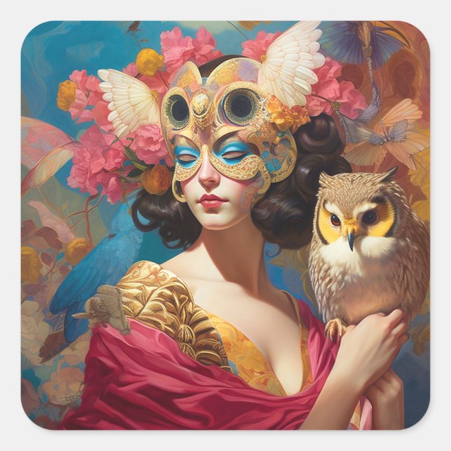 Adesivo Quadrado Lady With Owl Fantasy Art (Frente)