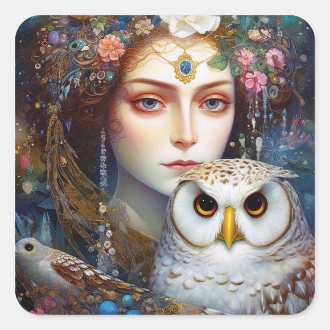 Adesivo Quadrado Lady With Owl Surreal Fantasy Art (Frente)