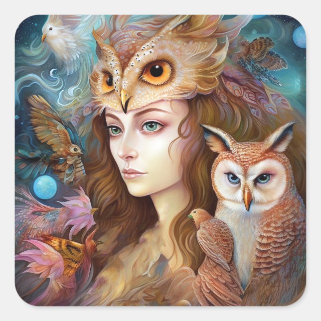 Adesivo Quadrado Lady With Owl Surreal Fantasy Art (Frente)