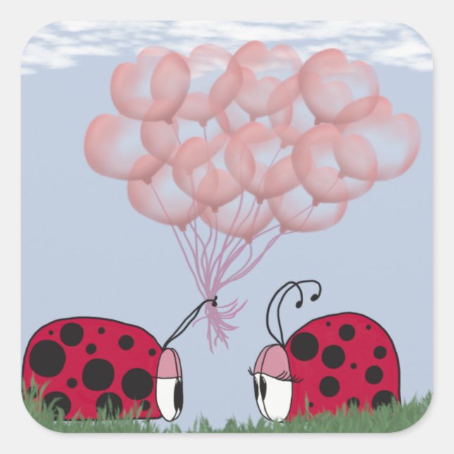 Adesivo Quadrado Ladybug Adorável Com Buquê De Balão Rosa Bonito (Frente)