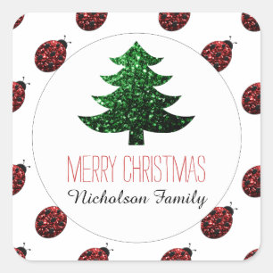Adesivo Quadrado Ladybug + Árvore de Natal Verde brilha com a etiq