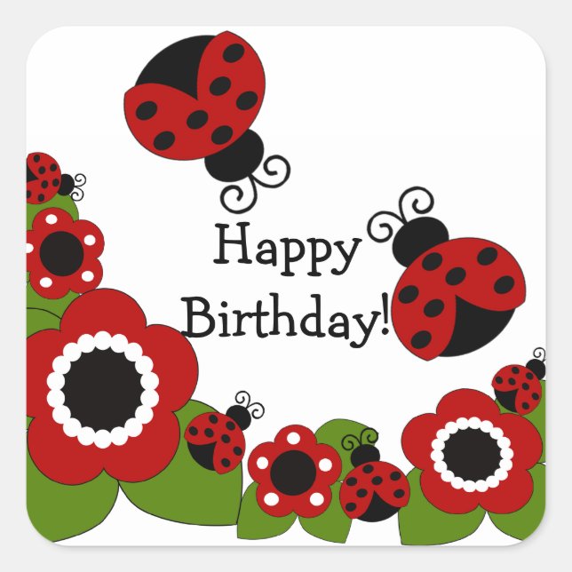 Adesivo Quadrado Ladybug Happy Birthday Square Sticker (Frente)