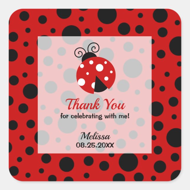 Adesivo Quadrado Ladybug Red Black Frame Bolinhas Obrigado (Frente)