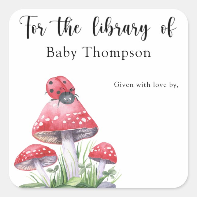 Adesivo Quadrado Ladybug sobre cogumelos - para a biblioteca de (Frente)