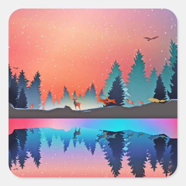 Adesivo Quadrado Lago de inverno Cênico com Veado (Frente)