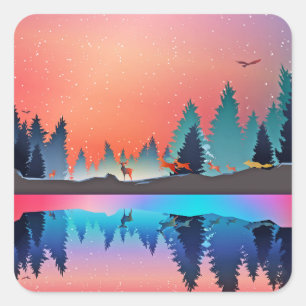 Adesivo Quadrado Lago de inverno Cênico com Veado