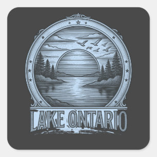 Adesivo Quadrado Lago Ontário Estilo de Gravura Azul e Tons de Ci