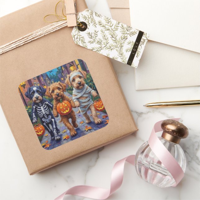 Adesivo Quadrado Lagotto Romagnolo Trick ou Tratando Halloween (Presentear)