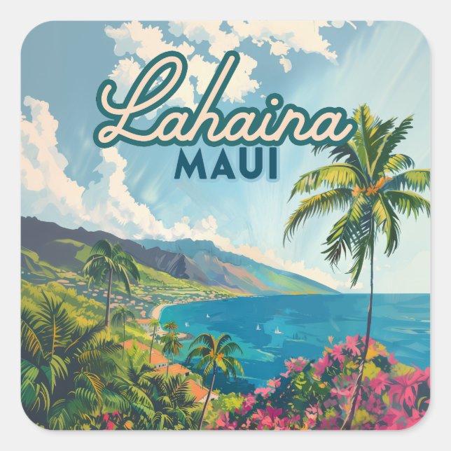 Adesivo Quadrado Lahaina Maui Hawaii - Retro Costeiro de Praia (Frente)