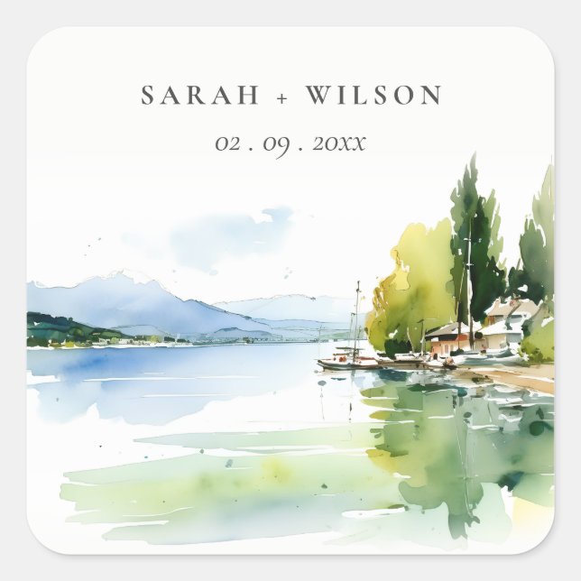 Adesivo Quadrado Lake Geneva Switzerland Watercolor Scape Wedding (Frente)