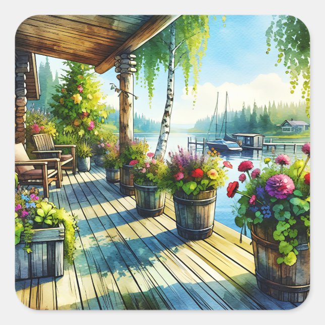 Adesivo Quadrado Lake House View | Pavimento sobre a baía (Frente)