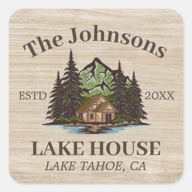 Adesivo Quadrado Lake House Wood Themed Family Name Personalizado (Frente)