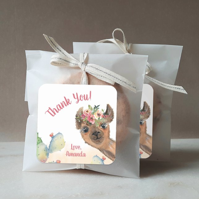 Adesivo Quadrado Lama Personalizado (Personalized llama party favor stickers.)