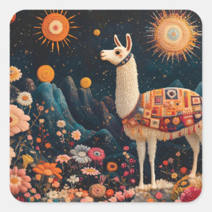 Adesivo Quadrado Lama Whimsical em uma paisagem ploral estelar