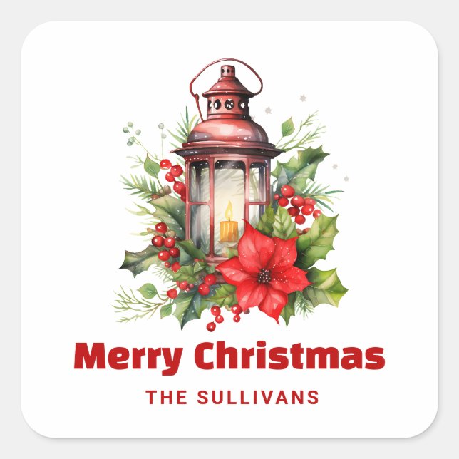 Adesivo Quadrado Lanterna de Natal Vermelho Poinsettia e Pinheiro (Frente)
