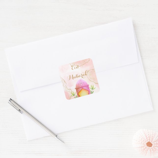 Adesivo Quadrado Lanterna Dourada Rosa Eid Mubarak Eid (Envelope)