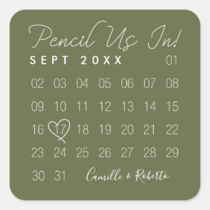 Adesivo Quadrado Lápis-Nos No Calendário Verde Mínimo Salvar A Data