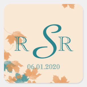 Adesivo Quadrado Laranja Aqua Autumn Maple Leaf Weding Monograma