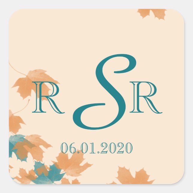Adesivo Quadrado Laranja Aqua Autumn Maple Leaf Weding Monograma (Frente)