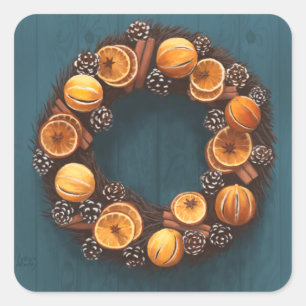 Adesivo Quadrado Laranja, Canela, Pine Cone, Anise Wreath Painting