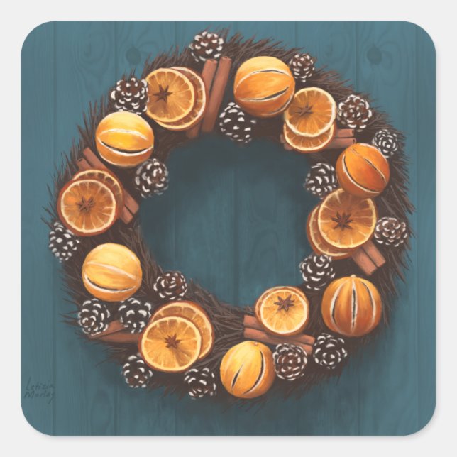 Adesivo Quadrado Laranja, Canela, Pine Cone, Anise Wreath Painting (Frente)