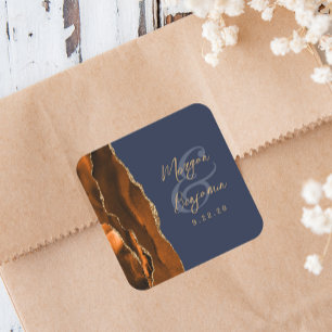 Adesivo Quadrado Laranja Queimada Ágata Dourado Script Azul Marinho