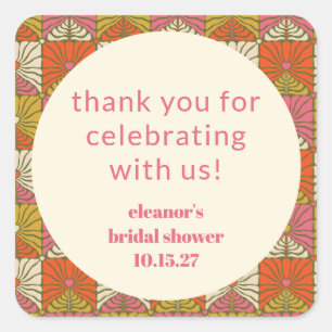 Adesivo Quadrado Laranja Rosa Floral Chá de Noiva Personalizado Agr