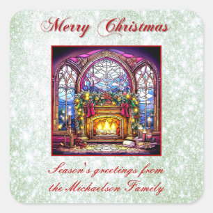 Adesivo Quadrado Lareira verde-brilhante de vidro colado