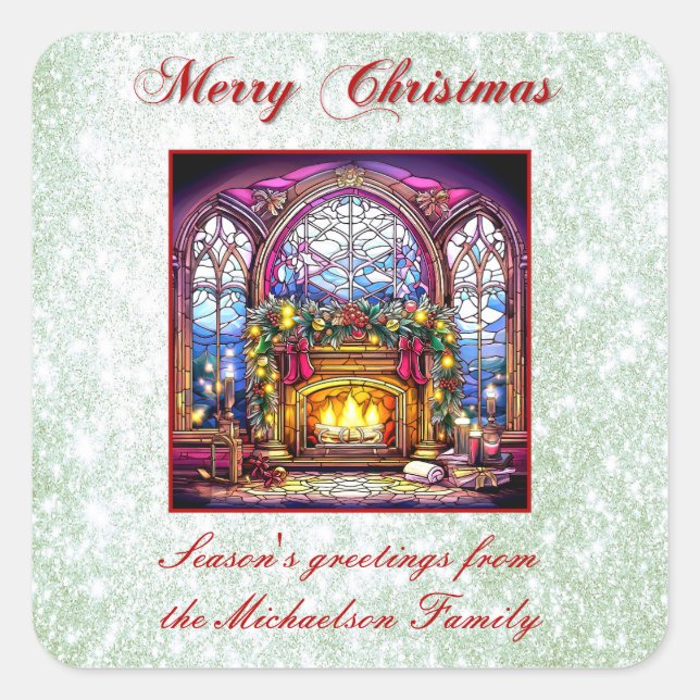 Adesivo Quadrado Lareira verde-brilhante de vidro colado (Frente)