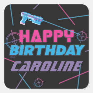 Adesivo Quadrado Laser Tag Rosa Roxo Azul Feliz Aniversário