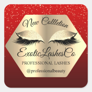 Adesivo Quadrado Lash Packaging confetti Makeup Ouro Olhos Vermelho