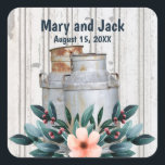 Adesivo Quadrado Latas de Leite Florais Rústicas Antigas Vintage<br><div class="desc">Jarras de Leite de Metal Antigas Casamento Tema rústico campestre com jarras de leite de metal antigas de 10 galões. Visual vintage para sua festa de casamento. Monogramas,  texto e nomes de noivos são fáceis de mudar para atender às suas necessidades. Todas as obras de arte e imagens ©</div>