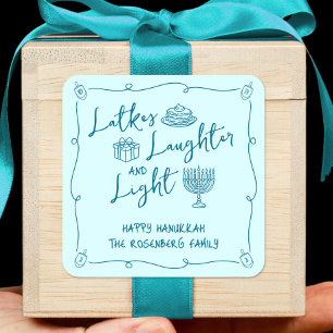 Adesivo Quadrado Latkes de Hanukkah Risos Luz Azul Turquesa Mão Des