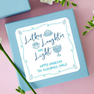 Adesivo Quadrado Latkes de Hanukkah Risos Luz Desenhos à Mão